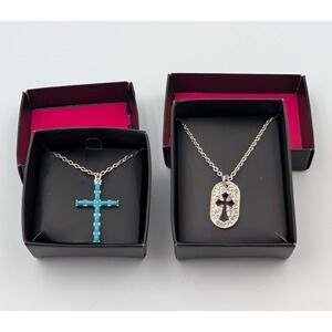 Vintage Avon Cross Necklace Lot of 2 Silver Tone‎ Rhinestone and Blue